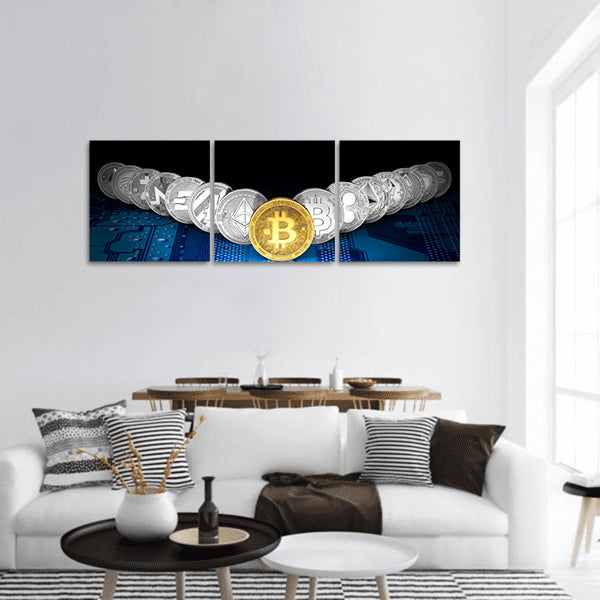 Golden Bitcoin panoramic canvas wall art