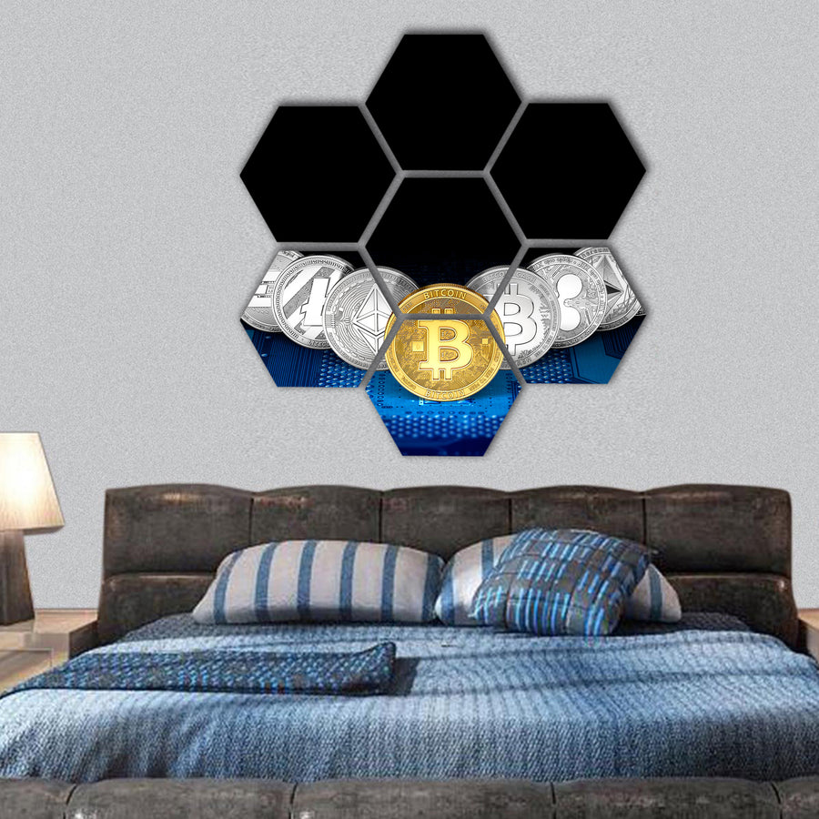 cryptocurrencies standing on blue motherboard hexagonal canvas wall art