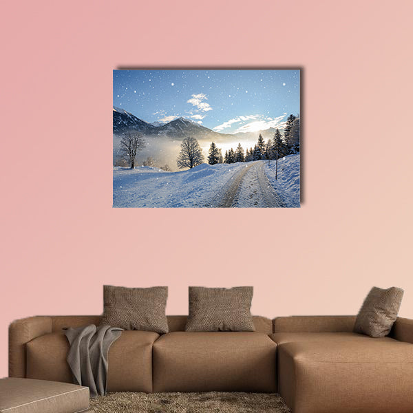 View of an icy road with snowfall and mountain range wall art
