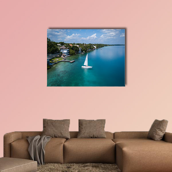 Aerial view to the shore with hotels, beaches and white sailing wall art