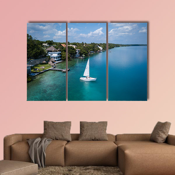 Aerial view to the shore with hotels, beaches and white sailing wall art