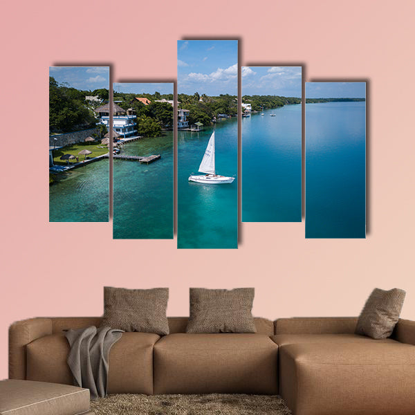 Aerial view to the shore with hotels, beaches and white sailing wall art