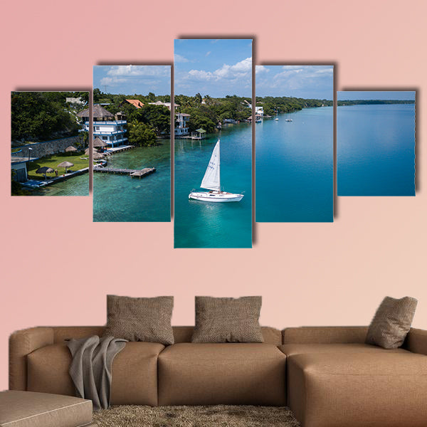 Aerial view to the shore with hotels, beaches and white sailing wall art