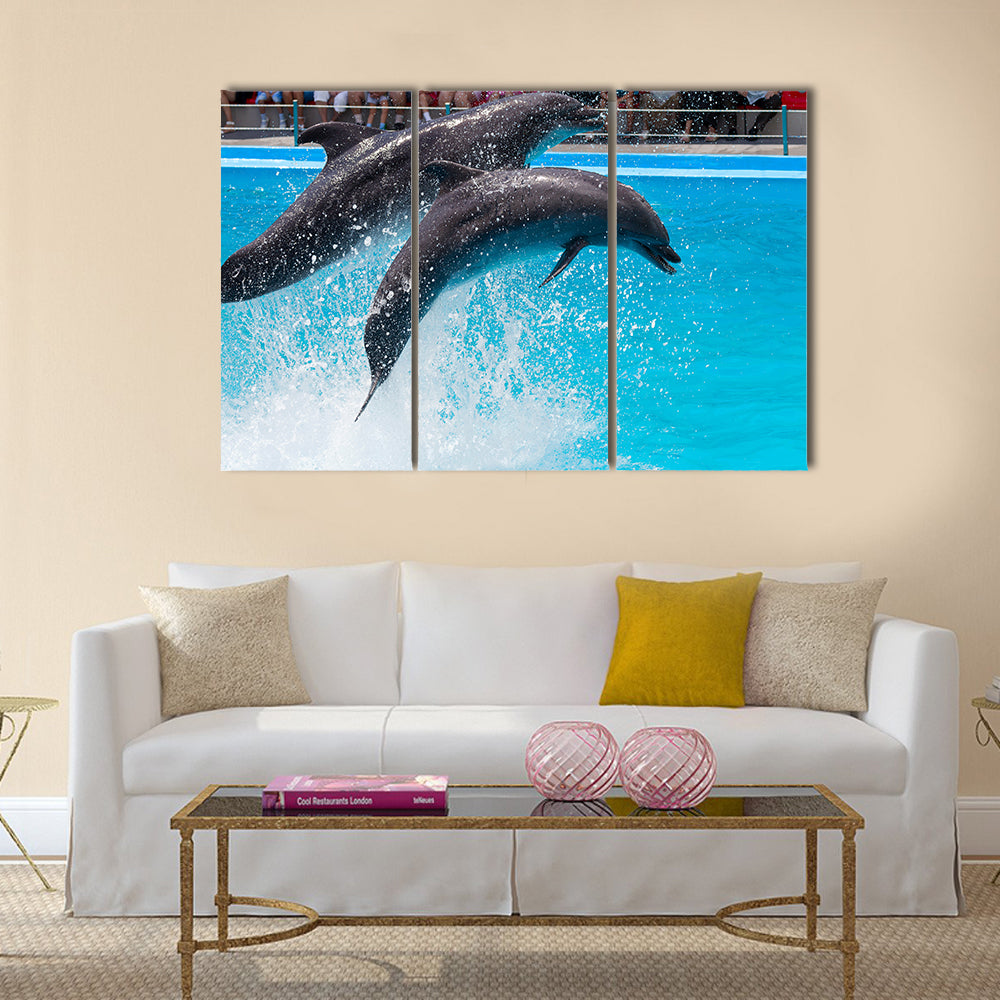 Two dolphins jump out of the pool water during the performance multi panel canvas wall art