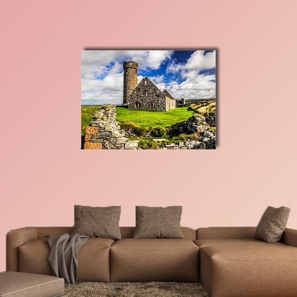 Peel Castle's tower next to Saint Patrick's Church constructed wall art