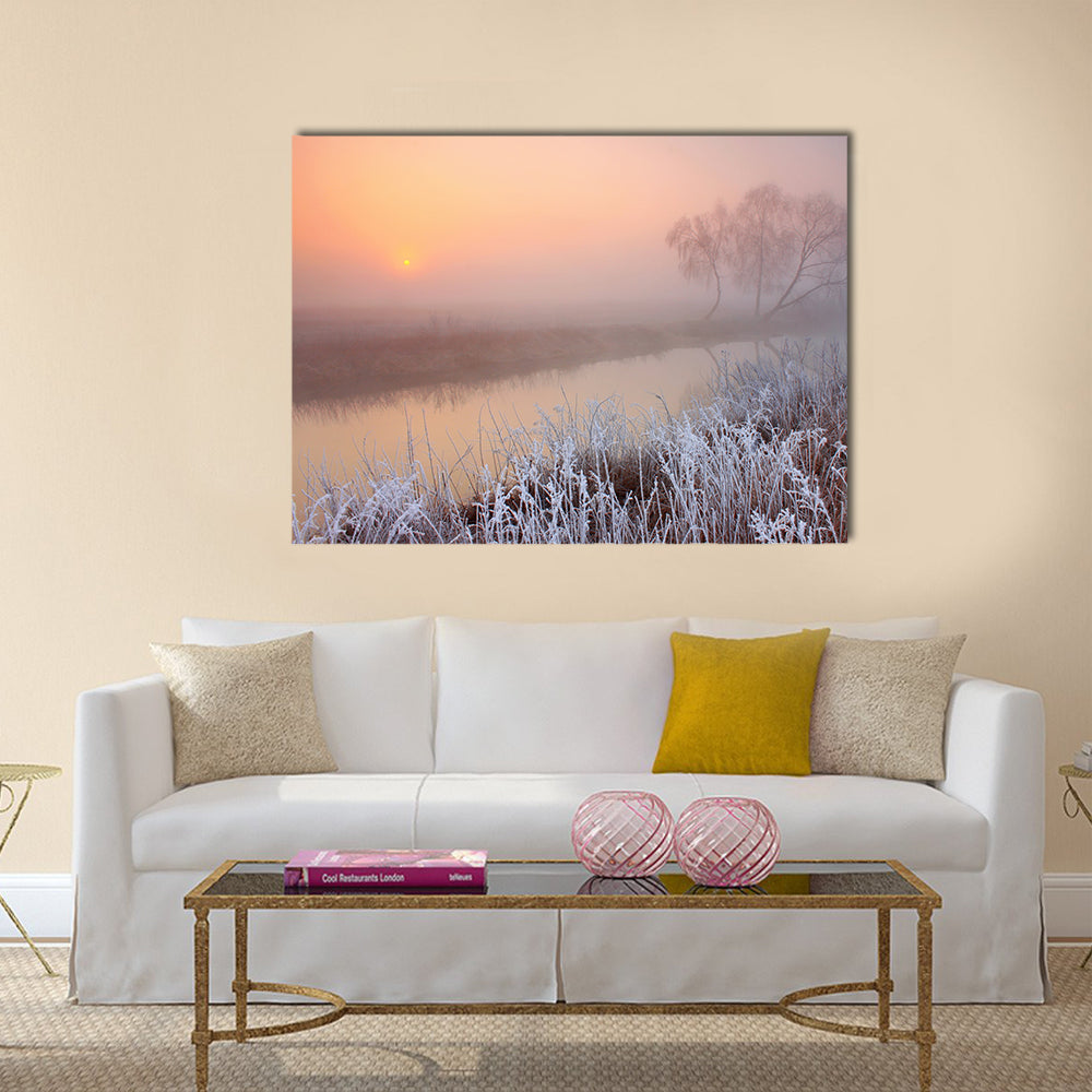 Misty morning with frost on the river in early spring Multi panel canvas wall art
