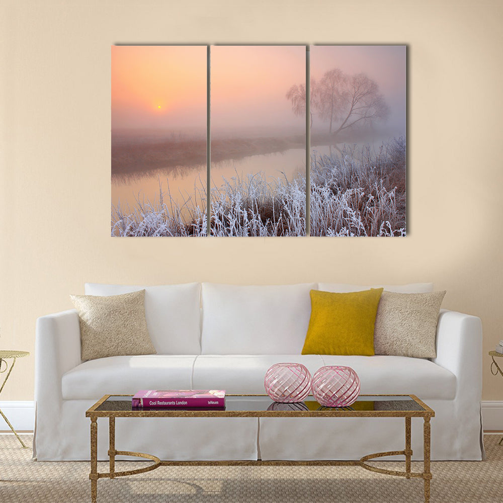 Misty morning with frost on the river in early spring Multi panel canvas wall art