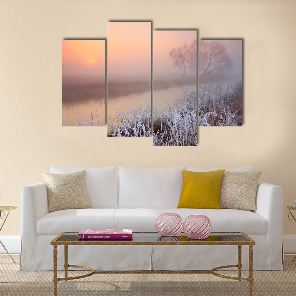 Misty morning with frost on the river in early spring Multi panel canvas wall art