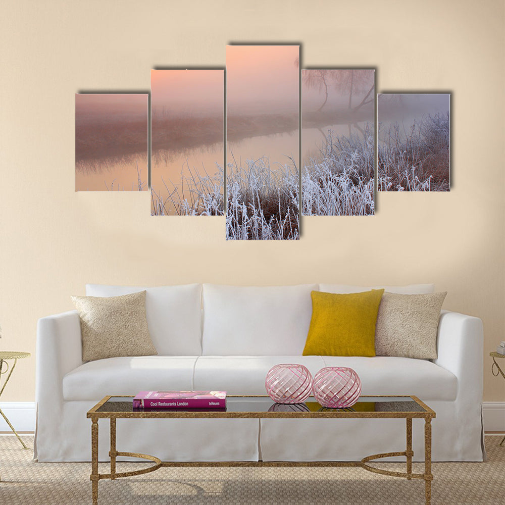 Misty morning with frost on the river in early spring Multi panel canvas wall art