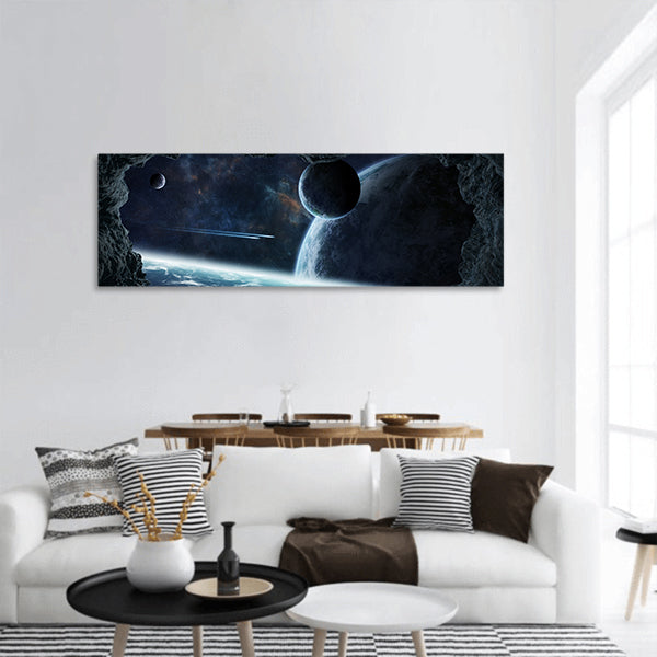 Asteroids flying close to planet panoramic canvas wall art