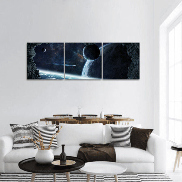 Asteroids flying close to planet panoramic canvas wall art