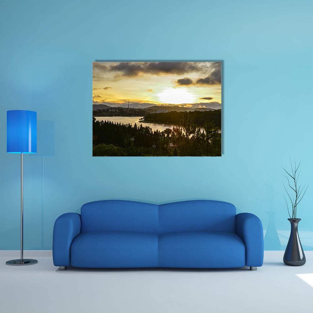 Sunset on the Xuan Huong lake in Dalat, Vietnam multi panel canvas wall art