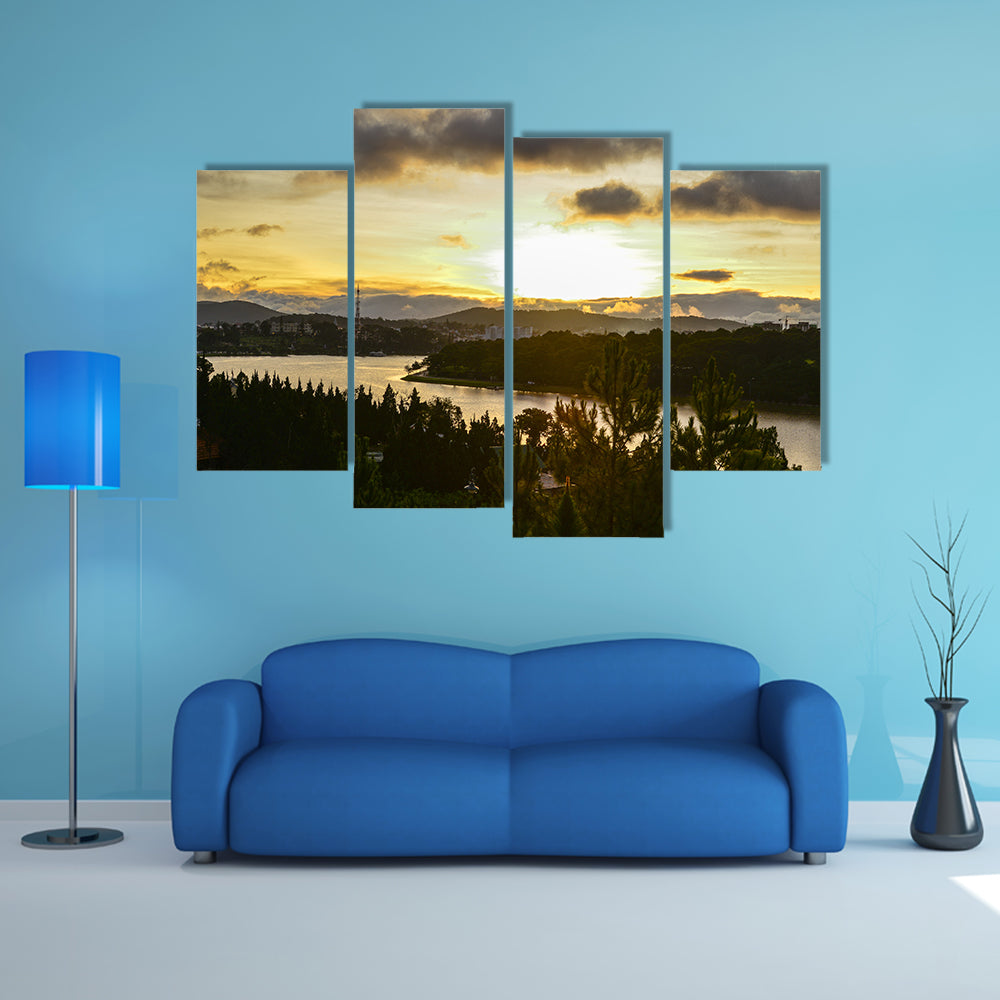 Sunset on the Xuan Huong lake in Dalat, Vietnam multi panel canvas wall art