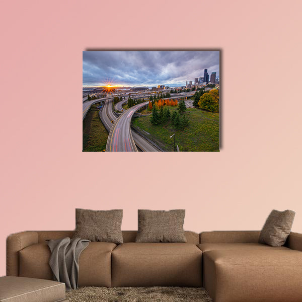 The Seattle Skyline and Freeway from Rizal Bridge Multi panel canvas wall art
