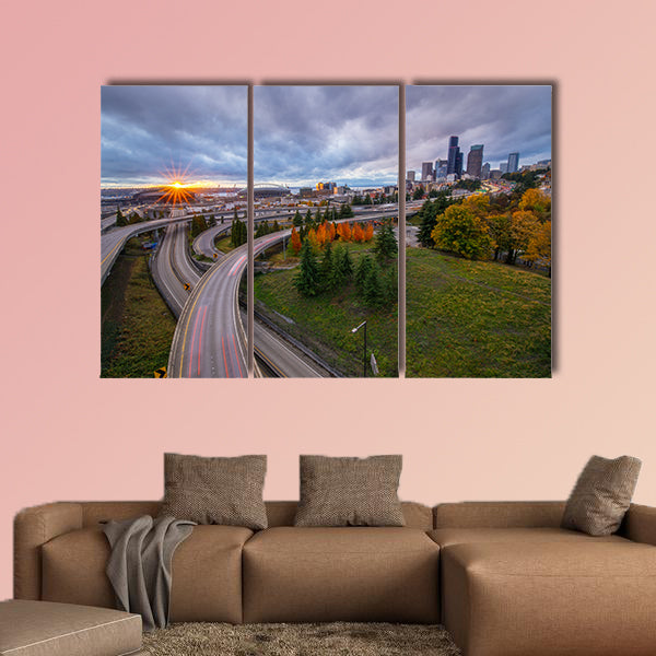 The Seattle Skyline and Freeway from Rizal Bridge Multi panel canvas wall art