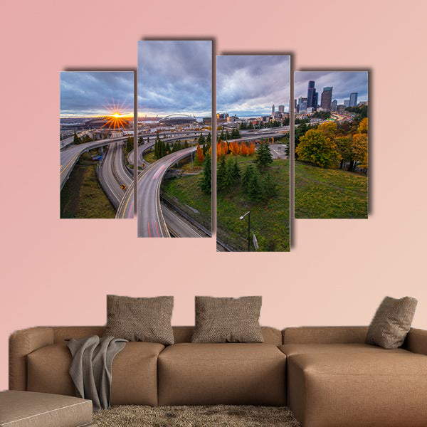 The Seattle Skyline and Freeway from Rizal Bridge Multi panel canvas wall art