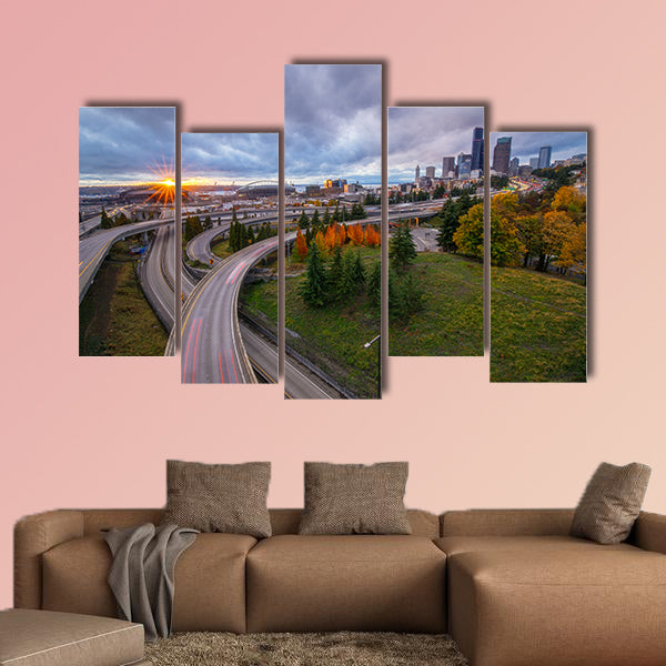 The Seattle Skyline and Freeway from Rizal Bridge Multi panel canvas wall art