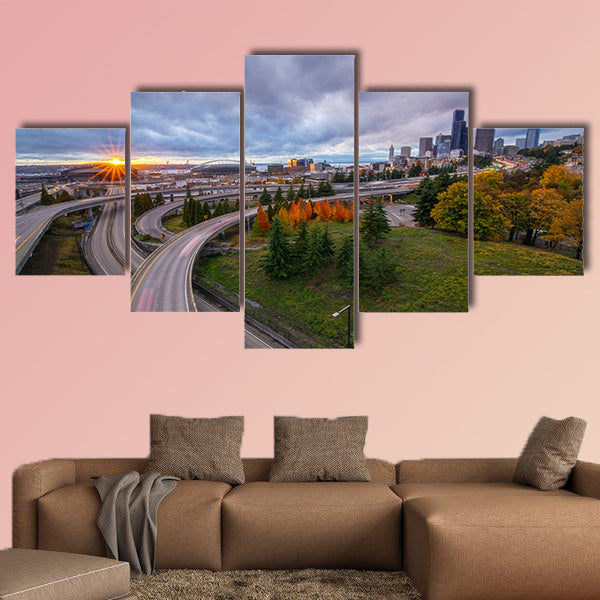 The Seattle Skyline and Freeway from Rizal Bridge Multi panel canvas wall art