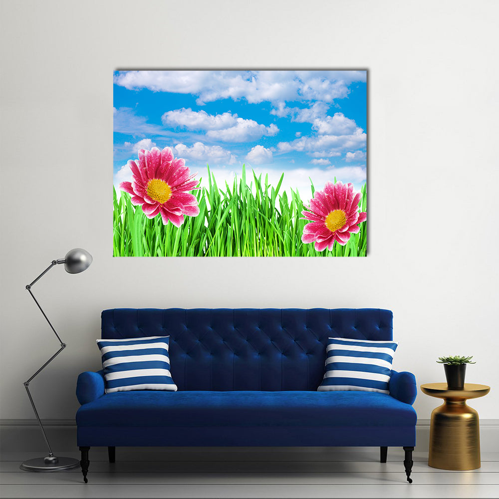 Fully Blossomed Spring flowers Under The Blue Sky, Multi Panel Canvas Wall Art