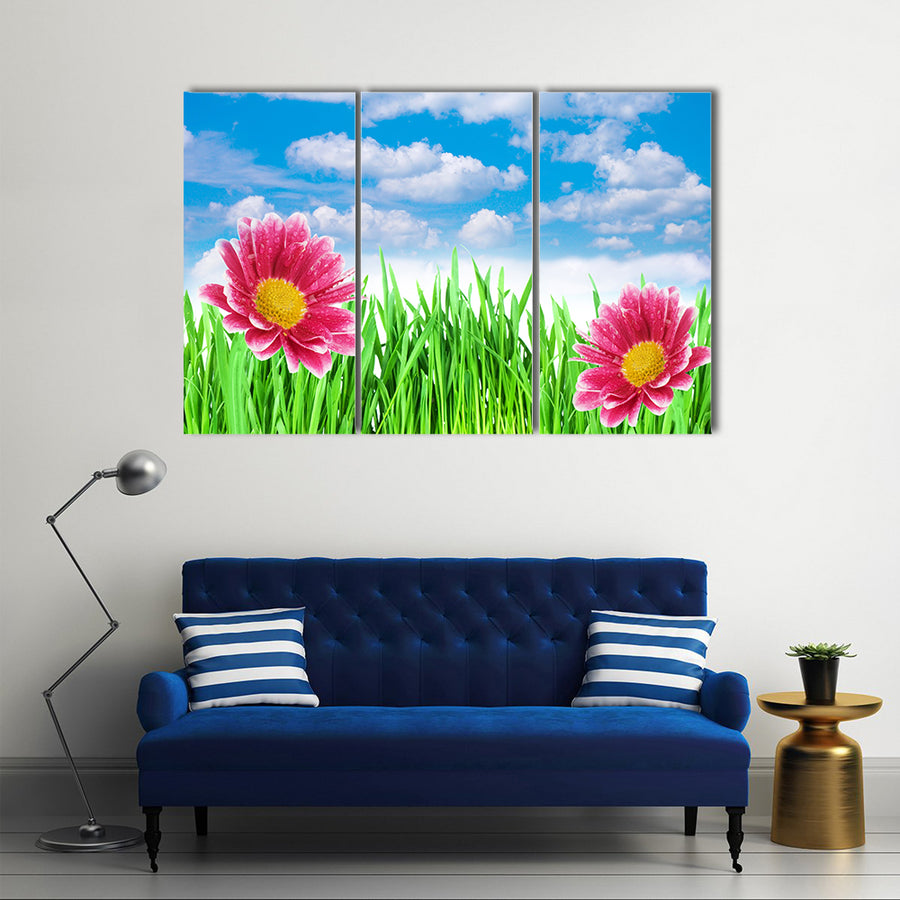 Fully Blossomed Spring flowers Under The Blue Sky, Multi Panel Canvas Wall Art