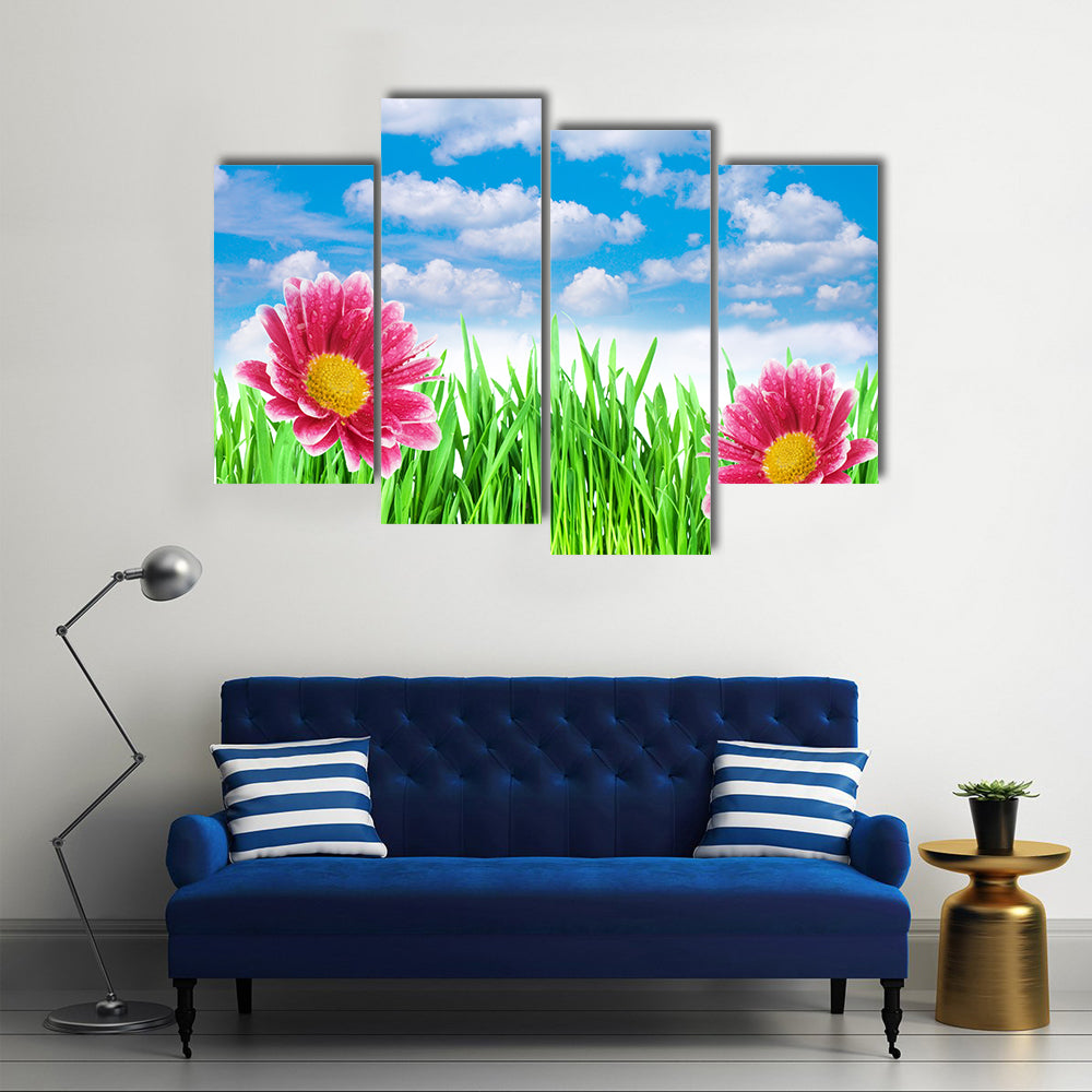 Fully Blossomed Spring flowers Under The Blue Sky, Multi Panel Canvas Wall Art