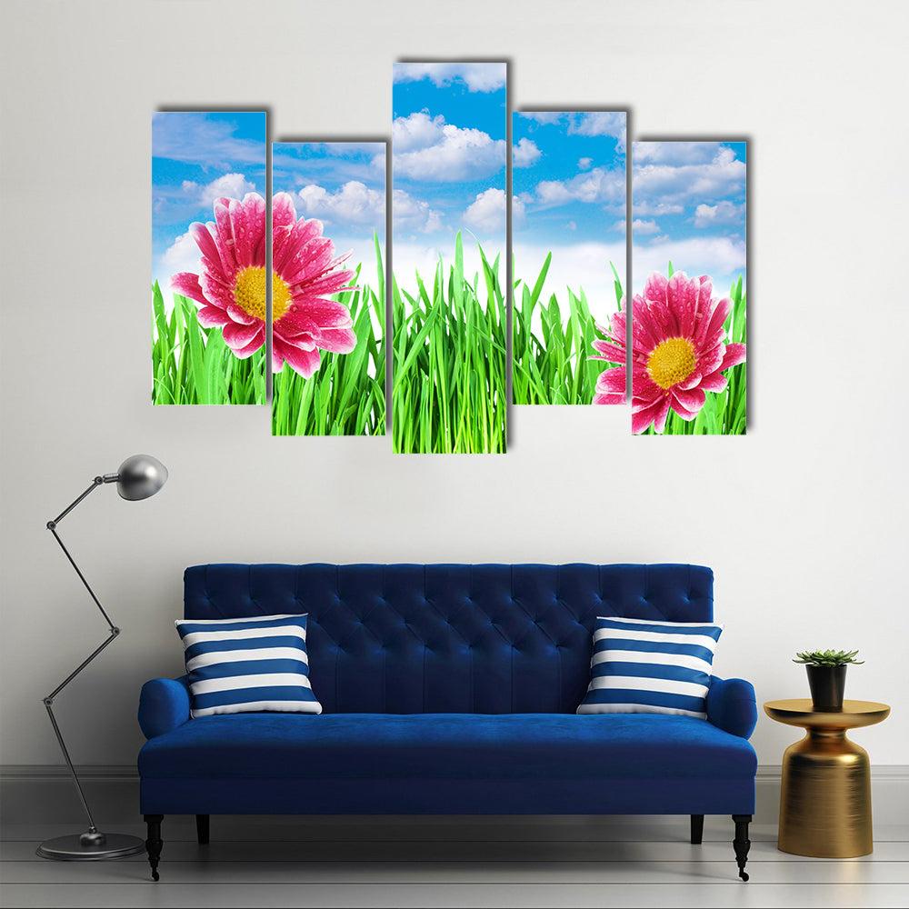 Fully Blossomed Spring flowers Under The Blue Sky, Multi Panel Canvas Wall Art