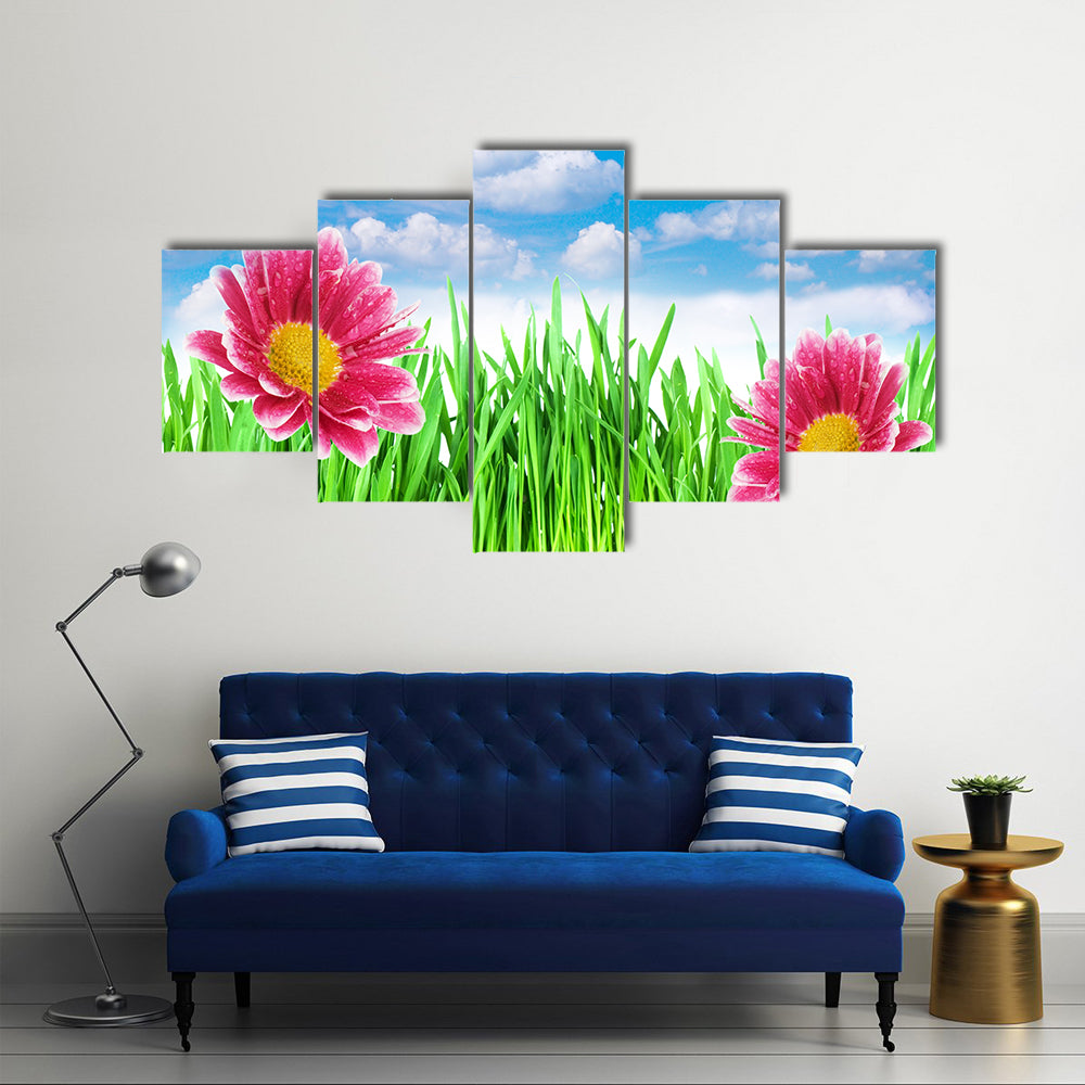 Fully Blossomed Spring flowers Under The Blue Sky, Multi Panel Canvas Wall Art