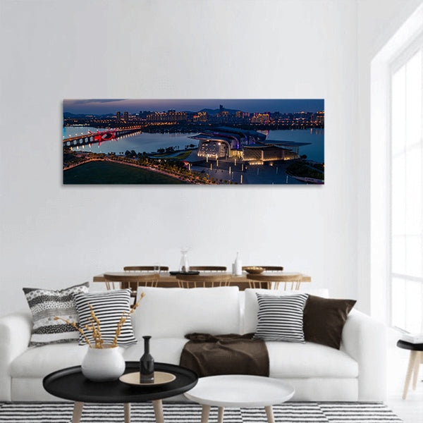 City scenery and traffic flow in Suzhou industrial park at night Panoramic canvas Wall Art