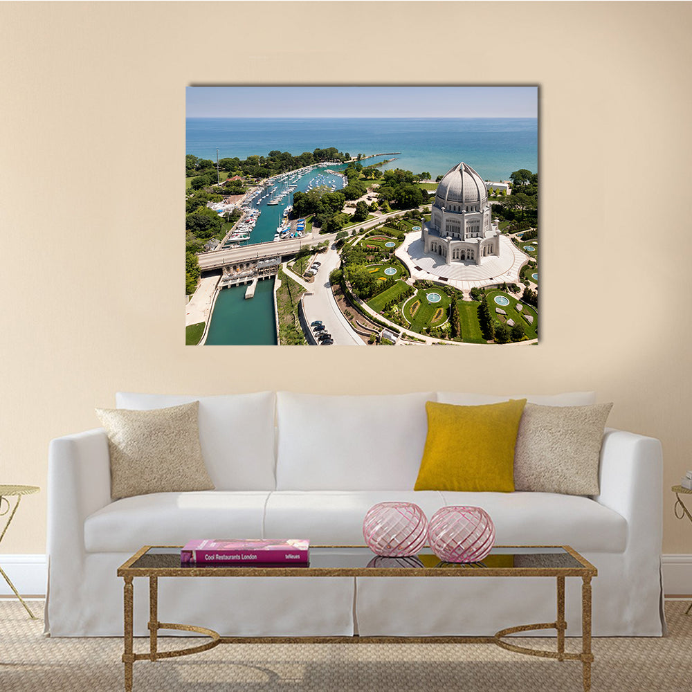 The Baha'i Temple And Wilmette Harbor In Wilmette, IL USA Multi Panel Canvas Wall Art