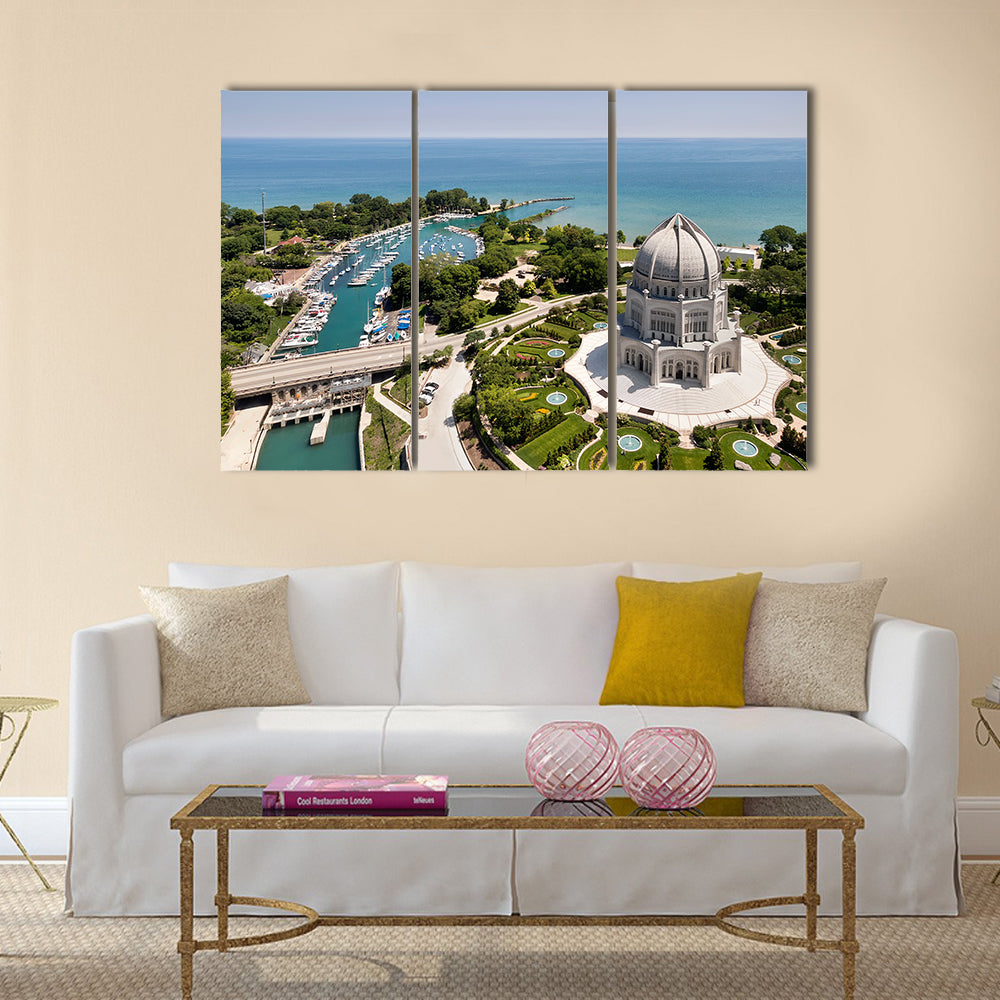 The Baha'i Temple And Wilmette Harbor In Wilmette, IL USA Multi Panel Canvas Wall Art