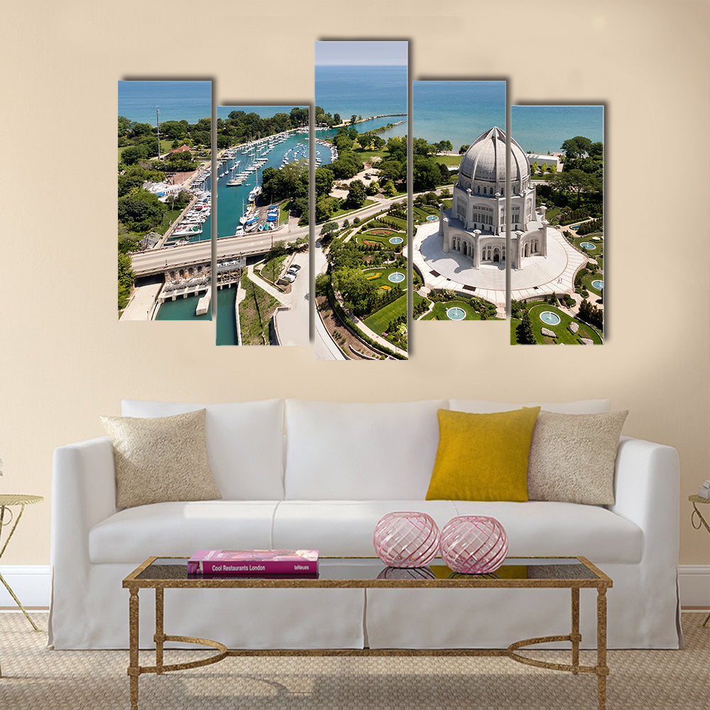 The Baha'i Temple And Wilmette Harbor In Wilmette, IL USA Multi Panel Canvas Wall Art