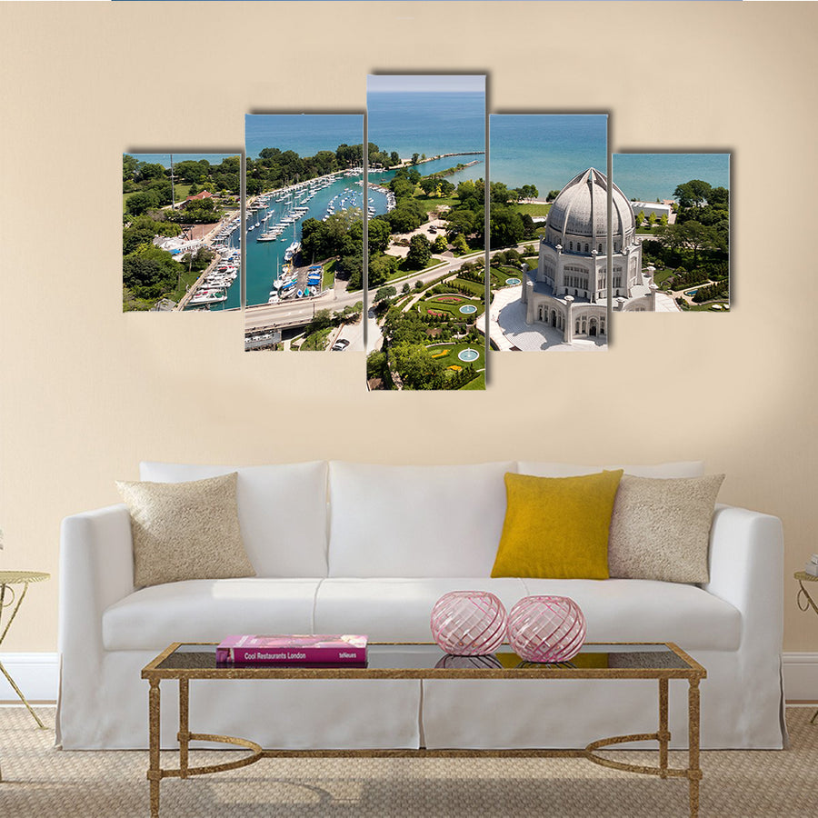 The Baha'i Temple And Wilmette Harbor In Wilmette, IL USA Multi Panel Canvas Wall Art