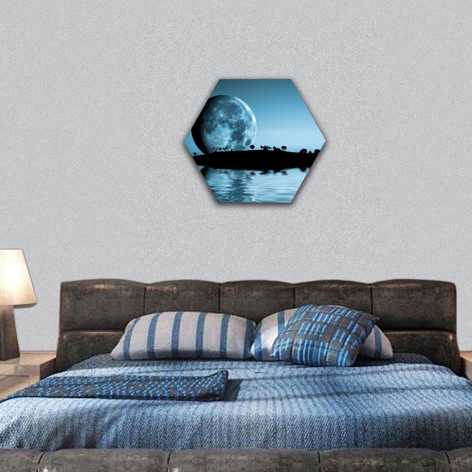 Night landscape with moon and lake hexagonal canvas wall art