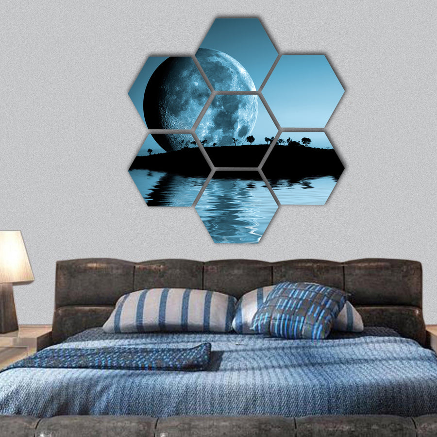 Night landscape with moon and lake hexagonal canvas wall art