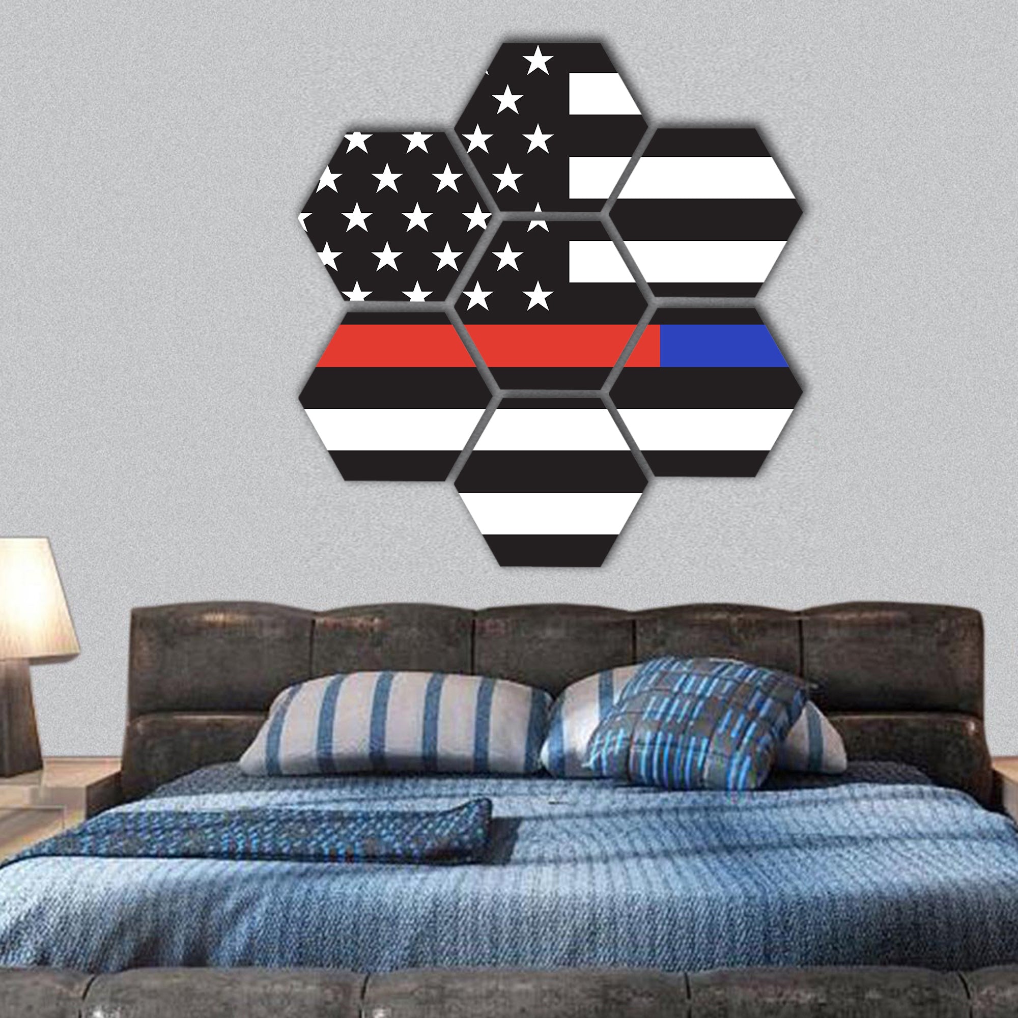 Vector Thin Blue Line & Red Line hexagonal canvas wall art