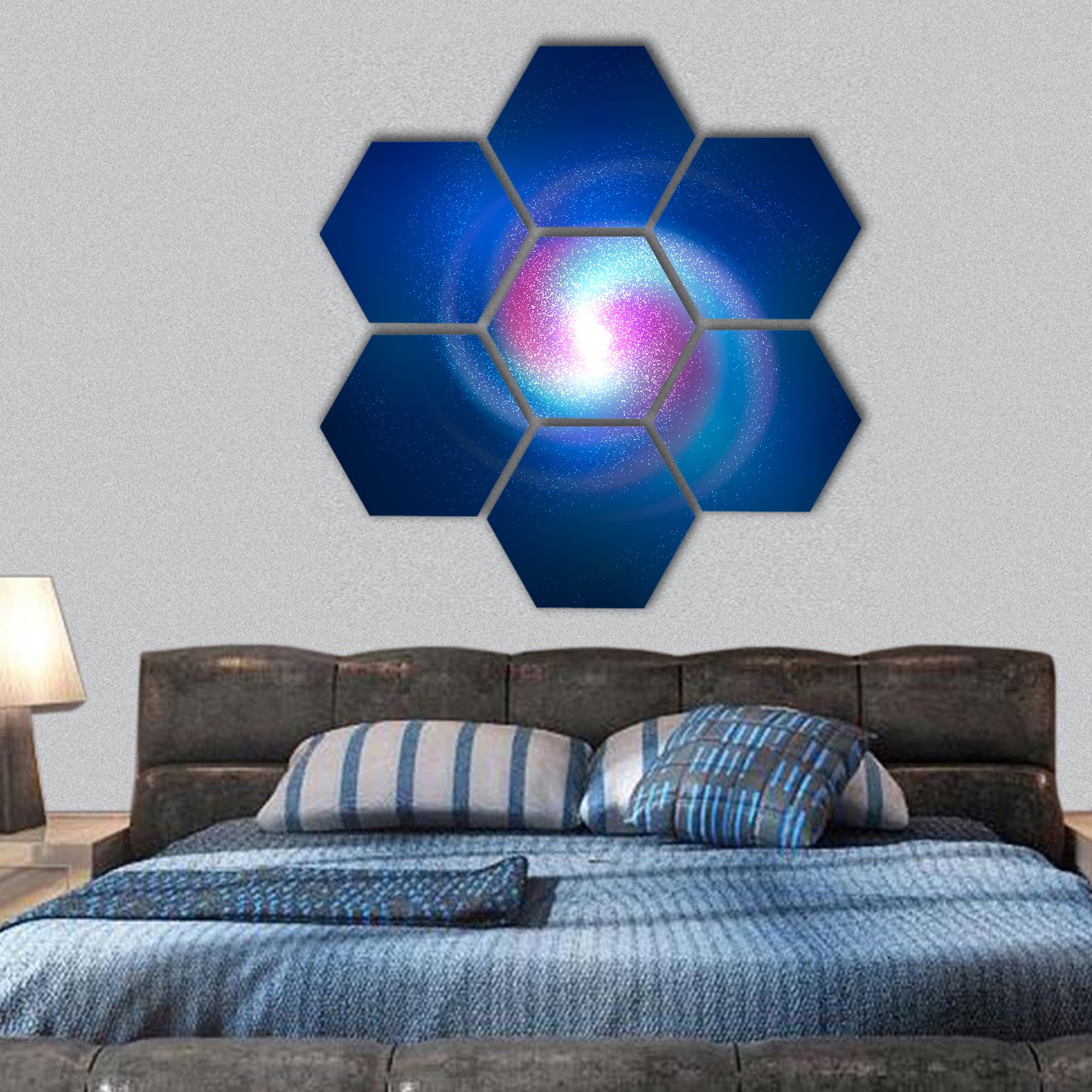 spiral nebula with stars and Tail of galaxy hexagonal canvas wall art