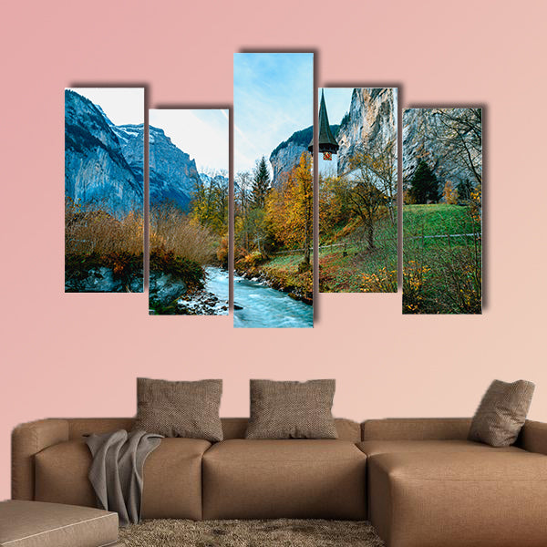 Beautiful autumn time at village of Lauterbrunnen multi panel canvas wall art
