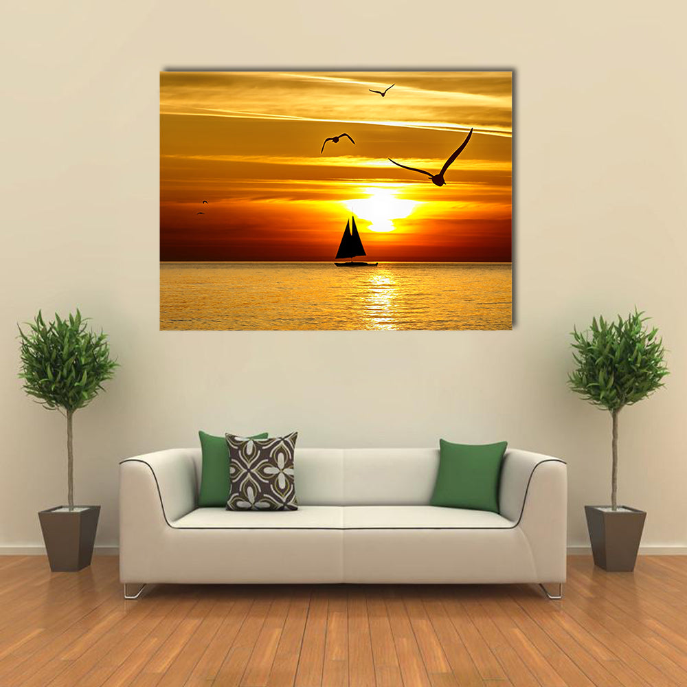 Sunset On The Sea With Sea Birds Flying Over The Water, Multi Panel Canvas Wall Art