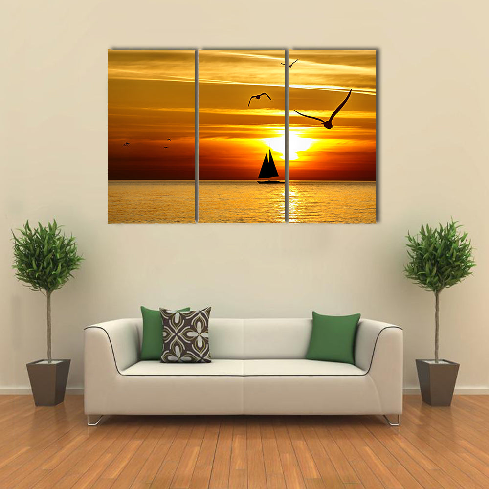 Sunset On The Sea With Sea Birds Flying Over The Water, Multi Panel Canvas Wall Art