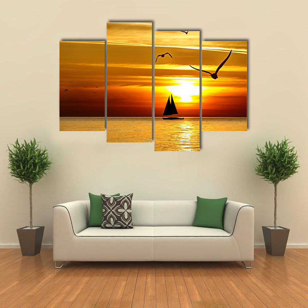 Sunset On The Sea With Sea Birds Flying Over The Water, Multi Panel Canvas Wall Art