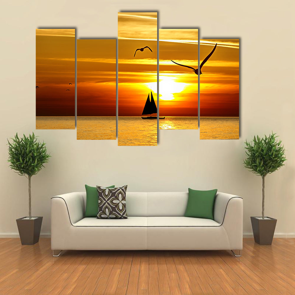 Sunset On The Sea With Sea Birds Flying Over The Water, Multi Panel Canvas Wall Art