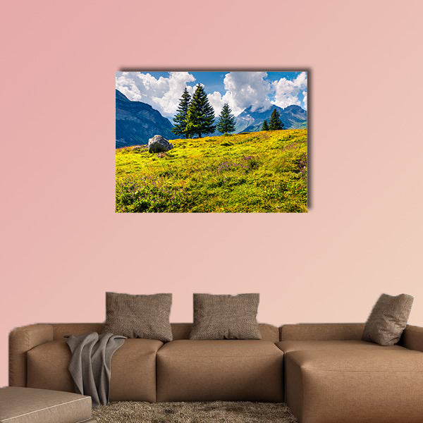 Sunny summer view of the mountain meadow from the Oeschinen wall art