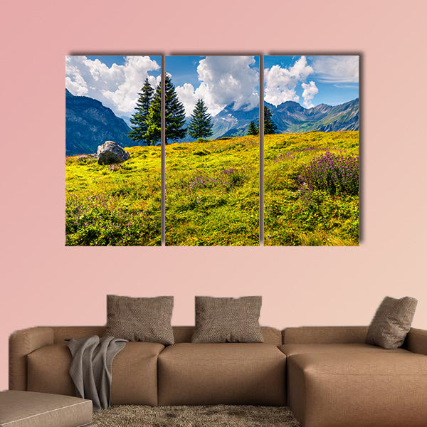 Sunny summer view of the mountain meadow from the Oeschinen wall art