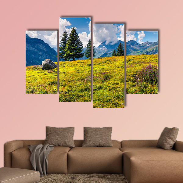 Sunny summer view of the mountain meadow from the Oeschinen wall art