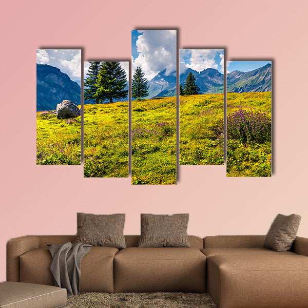 Sunny summer view of the mountain meadow from the Oeschinen wall art