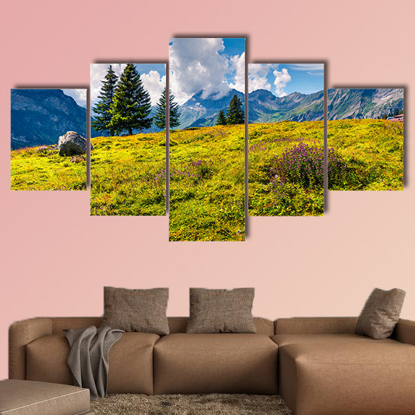 Sunny summer view of the mountain meadow from the Oeschinen wall art