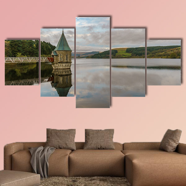 Evening view over the Pontsticill Reservoir and the Valve tower near wall art