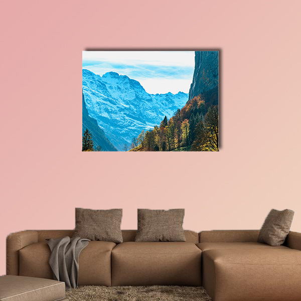Beautiful autumn time at village of Lauterbrunnen in Swiss Alps multi panel canvas wall art
