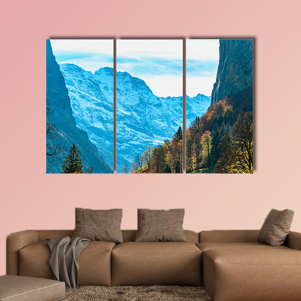 Beautiful autumn time at village of Lauterbrunnen in Swiss Alps multi panel canvas wall art