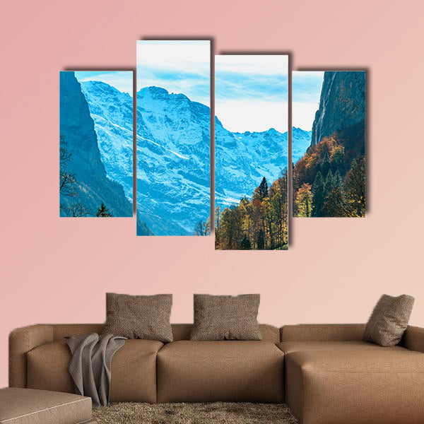 Beautiful autumn time at village of Lauterbrunnen in Swiss Alps multi panel canvas wall art